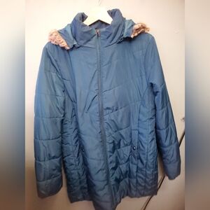 St. John's Bay Teal Puffer Jacket with Faux Fur Trim